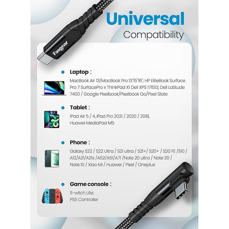 USB C to USB C cable, 2 Pack 3m 60W Type C to Type C Right Angle 90 Degree, PD Fast Charging Charger Lead Compatible for Galaxy S22 S21 Mac-Book i-Pad Pro (10ft, 2 Black) - Image 5
