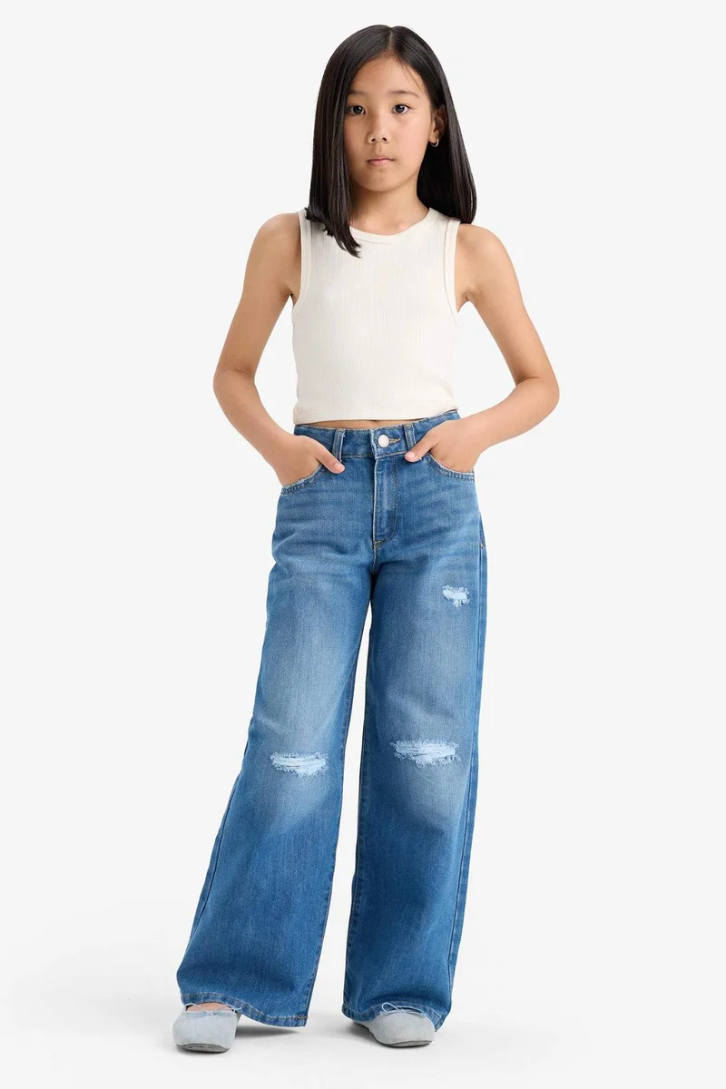 ديفاكتو Girl Ripped Detail Wide Leg Jeans