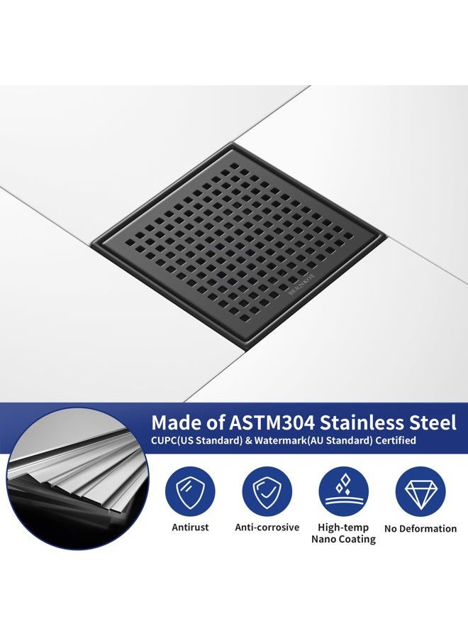 Bernkot Square Shower Drain 6", 304 Stainless Steel Floor Drain with Grid Drain Cover & Hair Strainer, Shower Drain w/CUPC Certified, Matte Black - Image 5