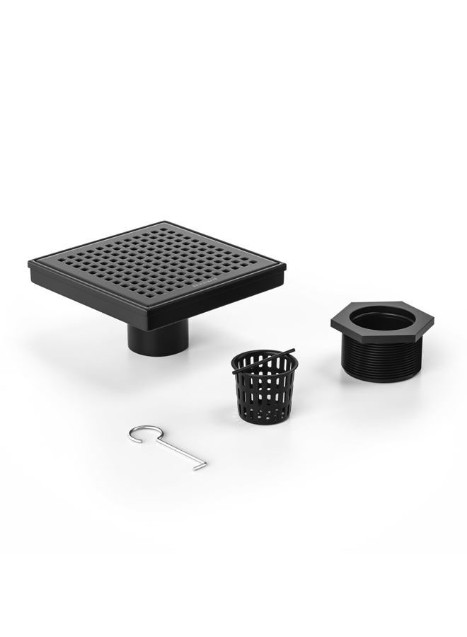 Bernkot Square Shower Drain 6", 304 Stainless Steel Floor Drain with Grid Drain Cover & Hair Strainer, Shower Drain w/CUPC Certified, Matte Black - Image 1