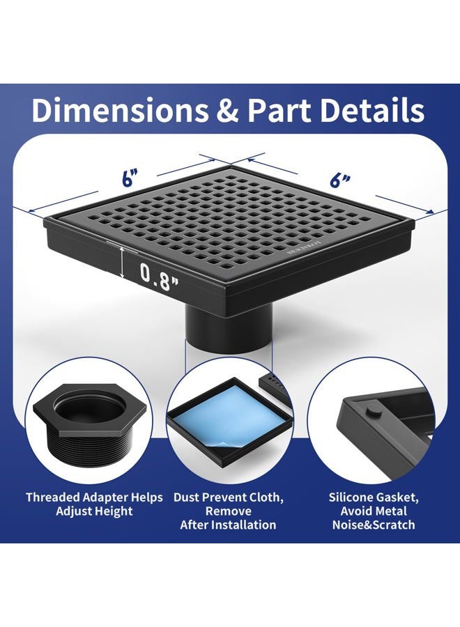Bernkot Square Shower Drain 6", 304 Stainless Steel Floor Drain with Grid Drain Cover & Hair Strainer, Shower Drain w/CUPC Certified, Matte Black - Image 3