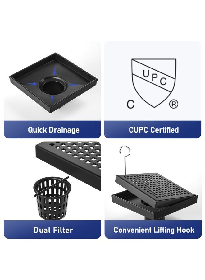 Bernkot Square Shower Drain 6", 304 Stainless Steel Floor Drain with Grid Drain Cover & Hair Strainer, Shower Drain w/CUPC Certified, Matte Black - Image 2