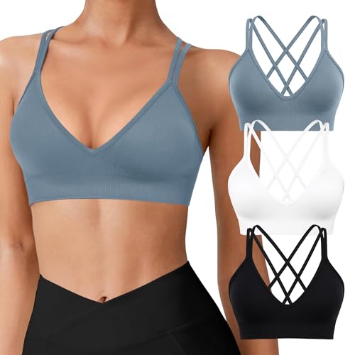 VEQKING VEQING 3 Pack Women's Seamless Sports Bra - Deep V Neck Wirefree Yoga Bras with Removable Pads, Crisscross Strappy Back Comfortable Low Impact Workout Bralette for Small Chests, Daily Wear - Image 1