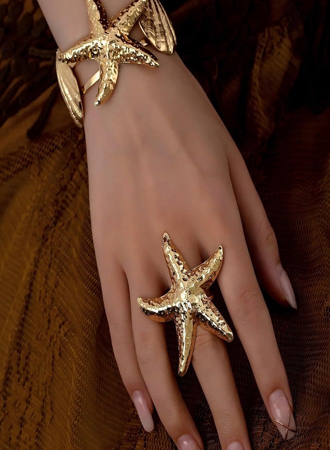 MIFYNN خواتم نجم البحر الضخمة من MIFYNN للنساء، خاتم نجم البحر بتصميم بانك عتيق، خواتم لؤلؤ عصرية قابلة للتعديل، خاتم مفتوح ملفوف، مجوهرات بوهيمية صيفية مميزة للشاطئ (نجم البحر) - Image 3
