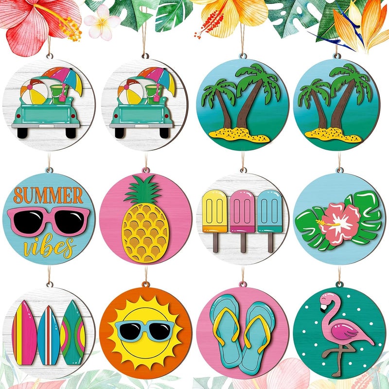 Vercraft 40 Pcs 3D Summer Ornaments for Tree Summer Tree Decorations Wood Hanging Ornaments Hawaiian Beach Wooden Pendant Decorations with String and Holes for Luau Party Supplies - Image 1