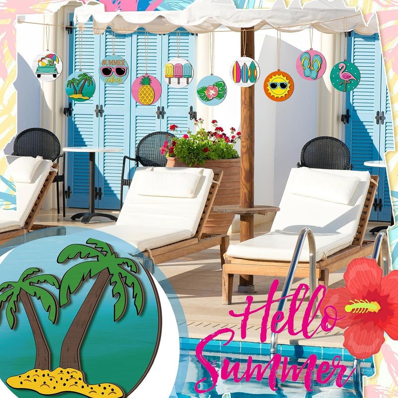 Vercraft 40 Pcs 3D Summer Ornaments for Tree Summer Tree Decorations Wood Hanging Ornaments Hawaiian Beach Wooden Pendant Decorations with String and Holes for Luau Party Supplies - Image 3