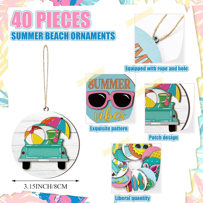 Vercraft 40 Pcs 3D Summer Ornaments for Tree Summer Tree Decorations Wood Hanging Ornaments Hawaiian Beach Wooden Pendant Decorations with String and Holes for Luau Party Supplies - Image 2