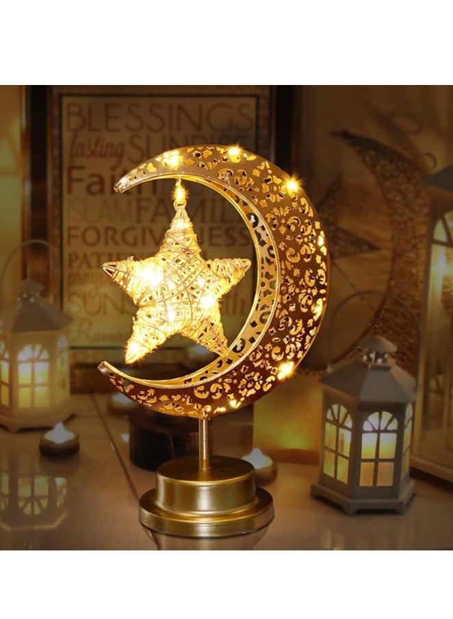 Rustic Moon Lamp for Ramadan Decorations,Battery Operated Metal Rattan Star Moon Ramadan Lights for Home Bedroom Decor Boho Farmhouse Kitchen Dinner Ramandan Table Desk EID Mubarak Decorations - Image 1