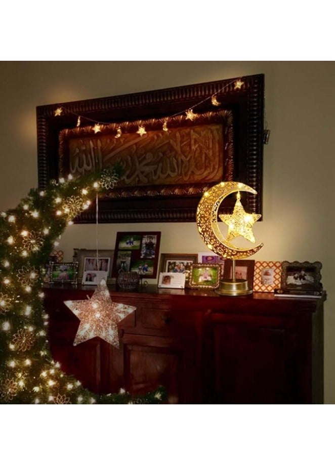 Rustic Moon Lamp for Ramadan Decorations,Battery Operated Metal Rattan Star Moon Ramadan Lights for Home Bedroom Decor Boho Farmhouse Kitchen Dinner Ramandan Table Desk EID Mubarak Decorations - Image 3