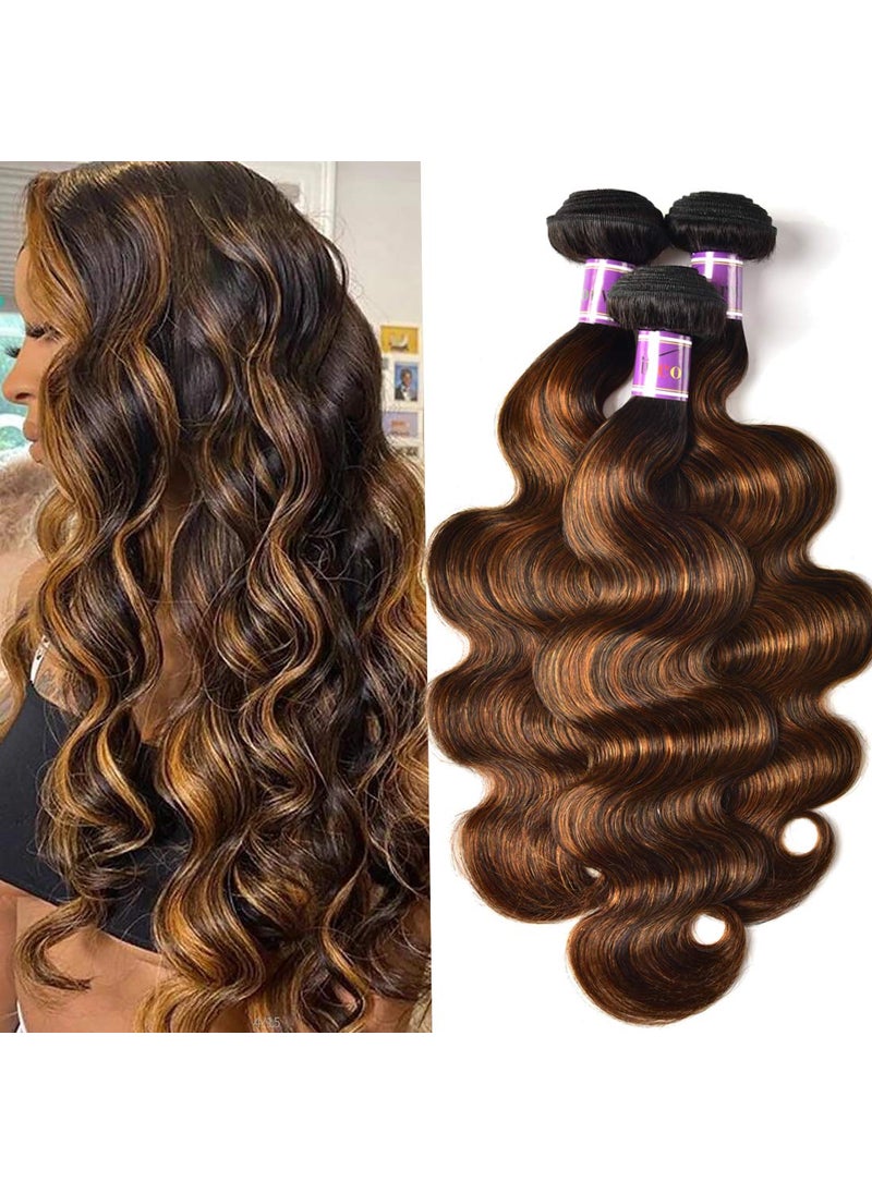 UNICE UNice Brown Highlight Body Wave Human Hair Weave 3 Bundles 20 22 24 inch Brazilian Remy Hair Ombre Blonde Human Hair Wavy Weaves Sew in Piano Color TFB30 