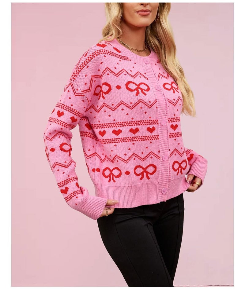 TYHOTULY Valentine's Day Cardigan for Women Kawaii Cute Bow Heart Love Pattern Knitted Cropped Button Up Sweater Trendy Tops (Pink,Medium) - Image 3