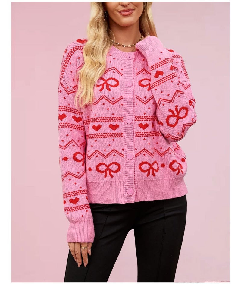 TYHOTULY Valentine's Day Cardigan for Women Kawaii Cute Bow Heart Love Pattern Knitted Cropped Button Up Sweater Trendy Tops (Pink,Medium) - Image 2