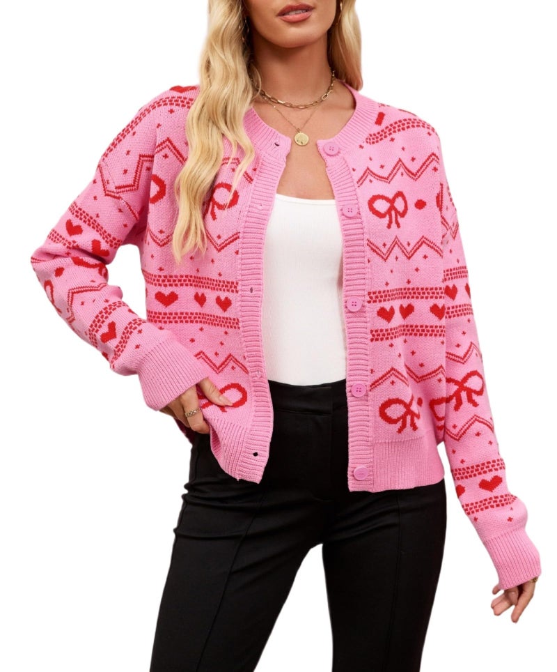 TYHOTULY Valentine's Day Cardigan for Women Kawaii Cute Bow Heart Love Pattern Knitted Cropped Button Up Sweater Trendy Tops (Pink,Medium) - Image 1