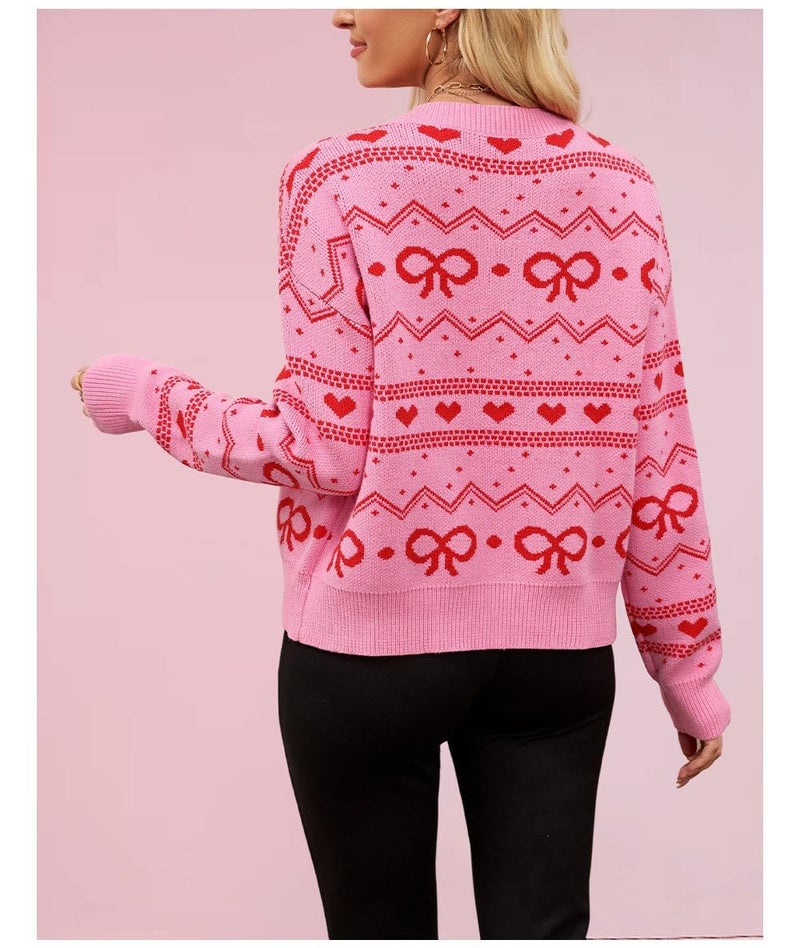 TYHOTULY Valentine's Day Cardigan for Women Kawaii Cute Bow Heart Love Pattern Knitted Cropped Button Up Sweater Trendy Tops (Pink,Medium) - Image 4