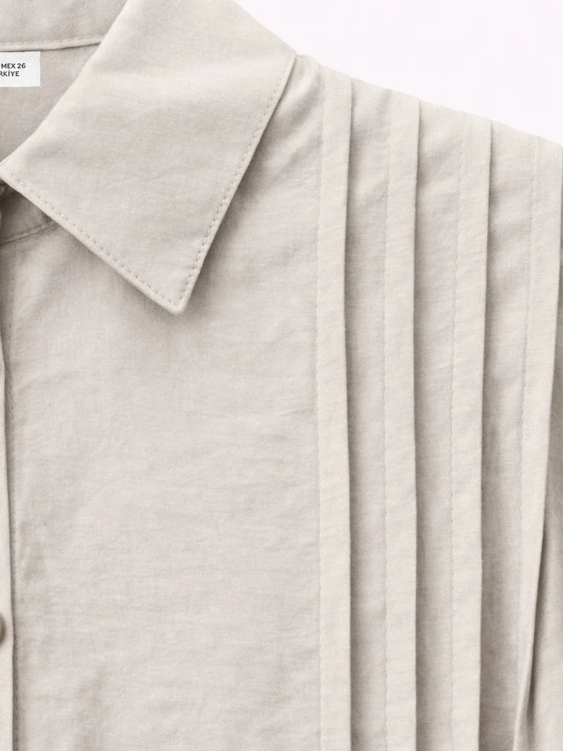 MixRay Stone Natural MIXRAY Textured Ribbed Long Sleeve Button-Up Shirt for Women | Best Price UAE