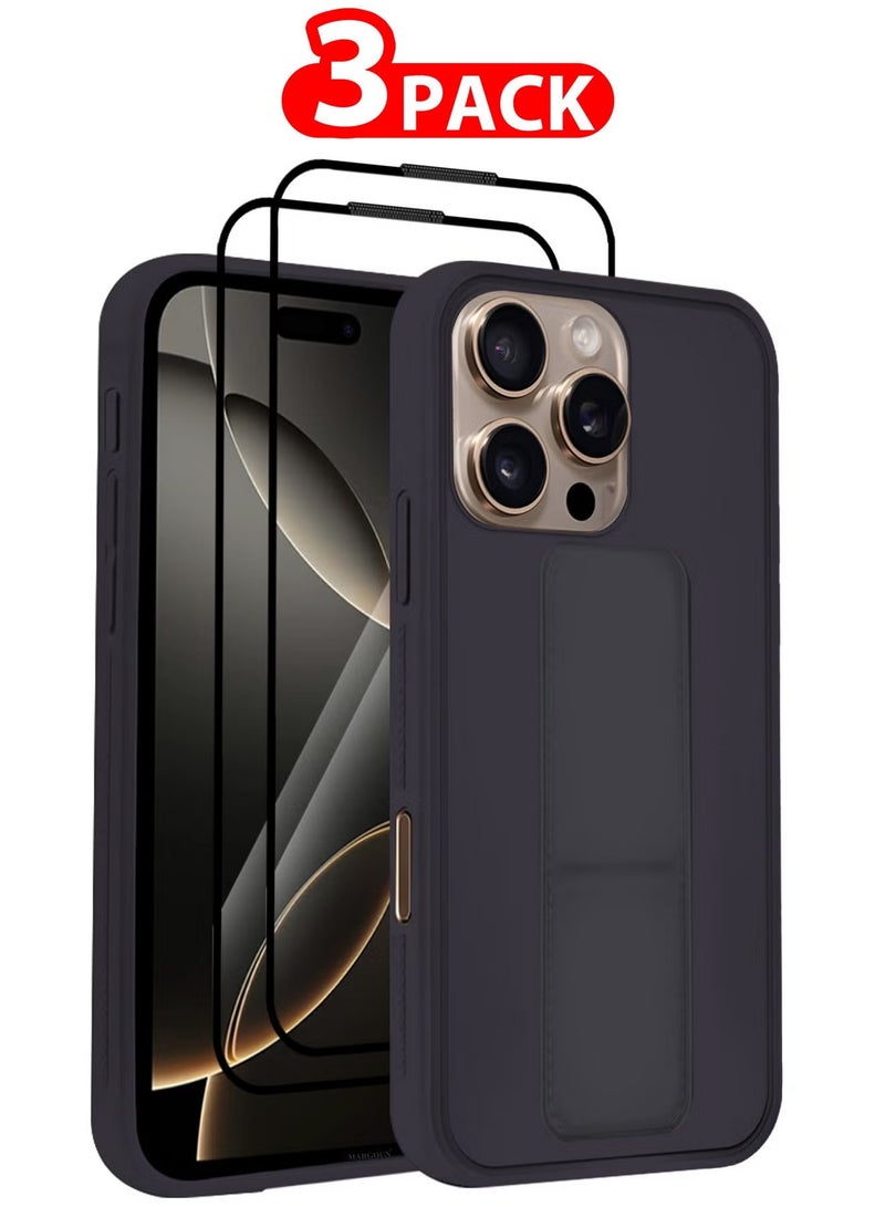 ELTRAZONE حافظة جلدية PU فاخرة 3 قطع وواقيات شاشة لجهاز iPhone 16 Pro Max - مضادة للصدمات، مضادة للخدوش، وظيفة حامل، غلاف بقبضة إصبع (بنفسجي داكن) - Image 1