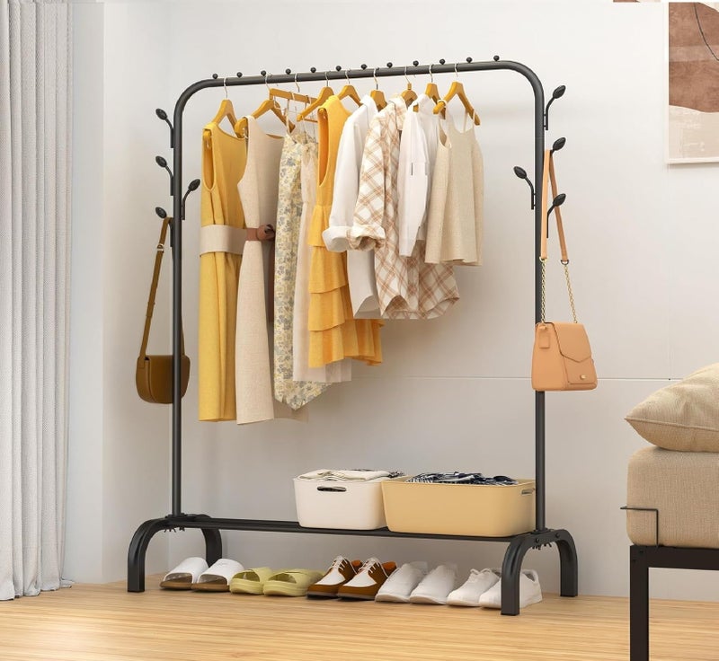 KRISHYAM Heavy-Duty Garment Rack with Bottom Shelf | Single Rod Black Metal Clothes Stand | Freestanding Clothes Rail Organizer for Bedroom, Laundry & Retail Display (40 x 110 x 150 cm) - Image 1