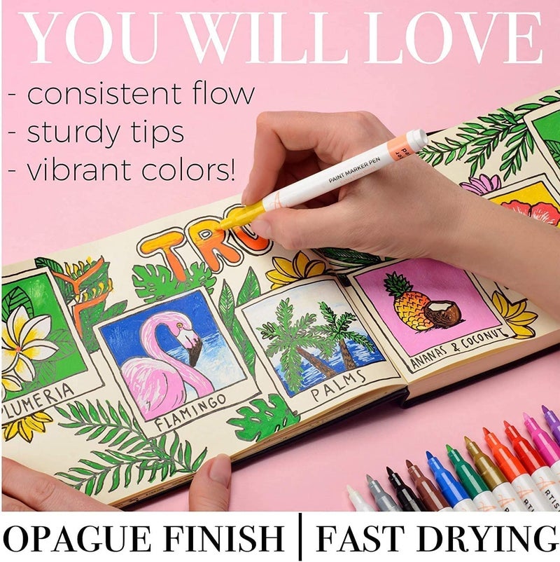 Super Toy SUPER TOY 12 Shades Acrylic Paint Marker Water Color Pen Set For Painting Canvas, Glass, Mug, Wood, Fabric, Pink, White  - Image 2