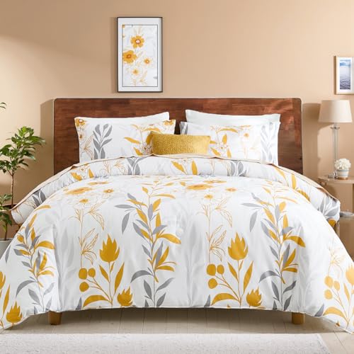 Bedorm 100 Cotton Floral Comforter 3 Pcs Botanical Queen Bedding Set Yellow Flower Grey Leaf Plant Printed Super Soft Cozy Country Rustic Bed Comforter Set All Season - Image 1
