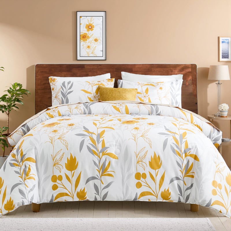 Bedorm 100 Cotton Floral Comforter 3 Pcs Botanical Queen Bedding Set Yellow Flower Grey Leaf Plant Printed Super Soft Cozy Country Rustic Bed Comforter Set All Season - Image 2