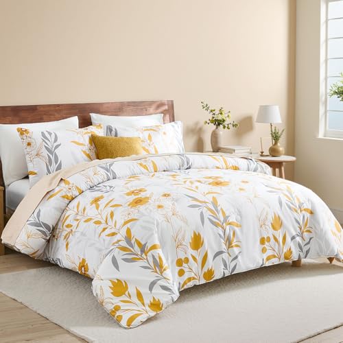 Bedorm 100 Cotton Floral Comforter 3 Pcs Botanical Queen Bedding Set Yellow Flower Grey Leaf Plant Printed Super Soft Cozy Country Rustic Bed Comforter Set All Season - Image 3