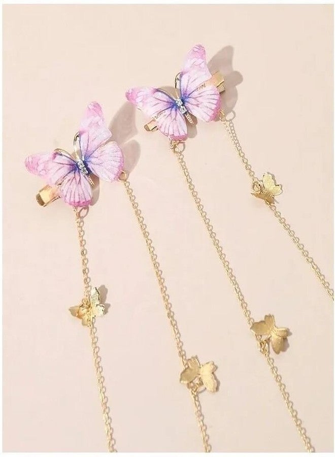 EvoNest Butterfly Hair Clips with Hanging Chains, Elegant Hair Accessory with Dangling Chains for Women, Girls - 2 Pieces (Pink and Gold) 4Y - Image 2