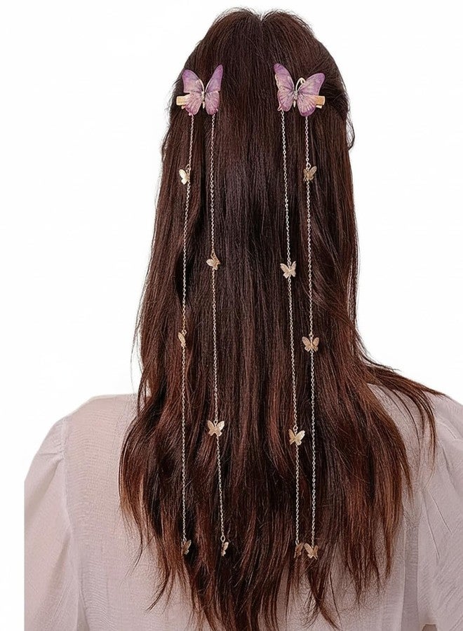 EvoNest Butterfly Hair Clips with Hanging Chains, Elegant Hair Accessory with Dangling Chains for Women, Girls - 2 Pieces (Pink and Gold) 4Y - Image 1