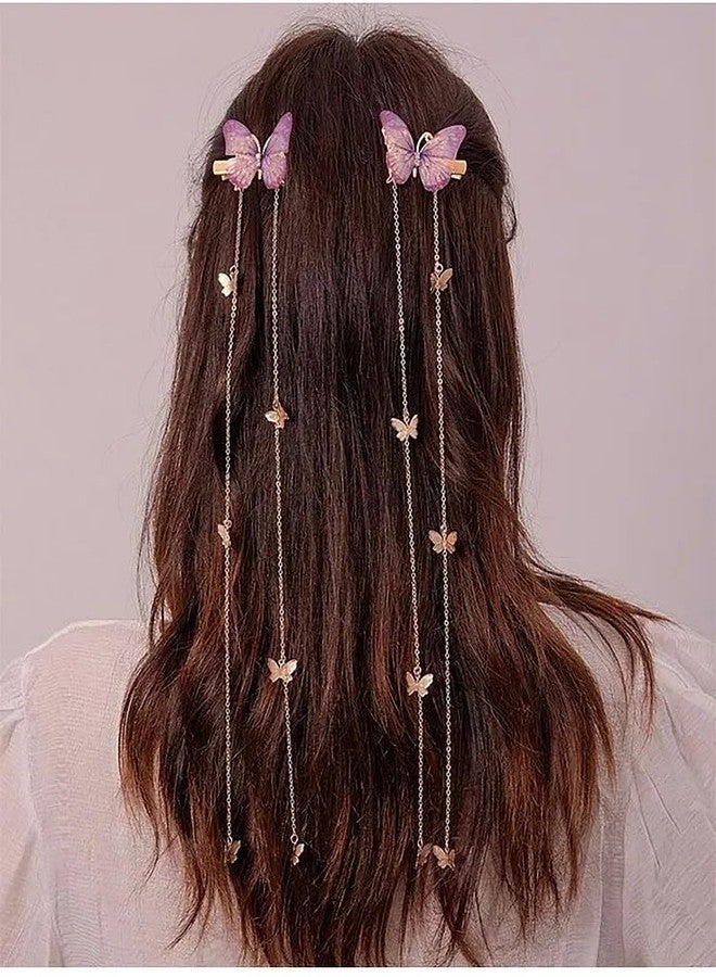 EvoNest Butterfly Hair Clips with Hanging Chains, Elegant Hair Accessory with Dangling Chains for Women, Girls - 2 Pieces (Pink and Gold) 4Y - Image 3