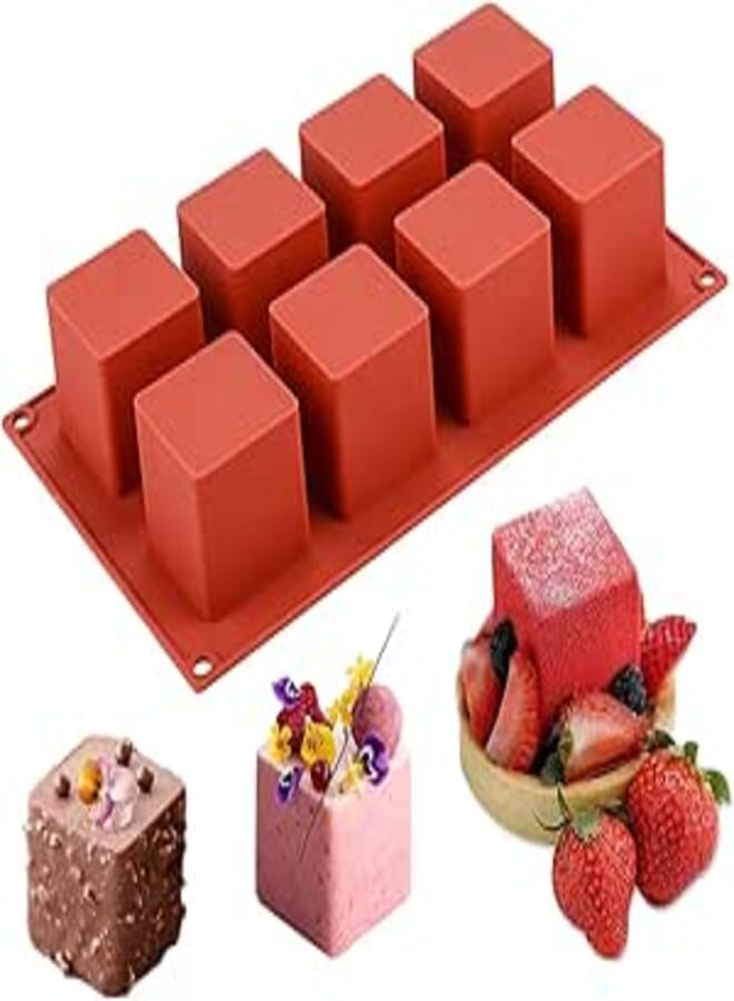 JOERSH 3D Square Silicone Mold | 2" x 2" x 2" Square Mousse Cake Baking Mold Dessert Molds for Cheesecake/Jelly/Brownie/Soap/Candle (8-Cavity)