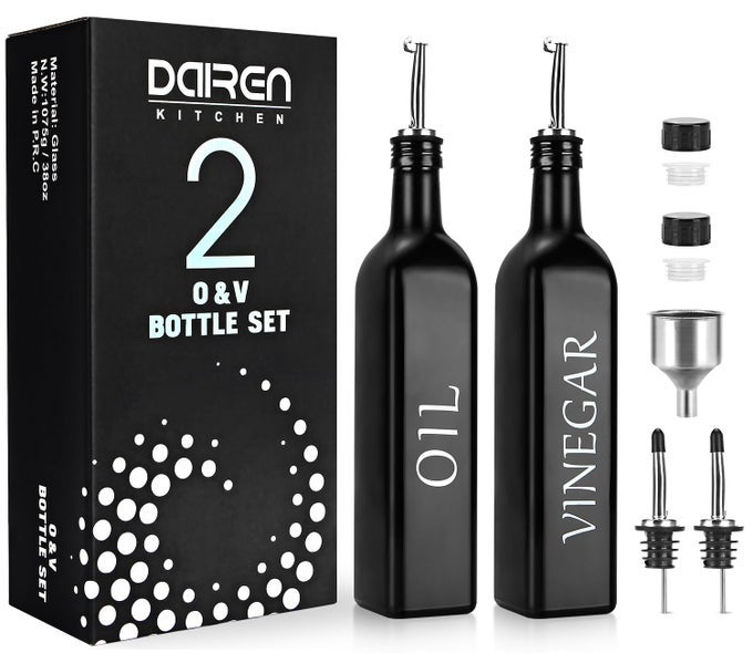 2 PIECES OIL AND VINEGAR DISPENSER SETBLACK WHITE OLIVE OIL BOTTLE DISPENSER WITH CADDY HOLDER AND STAINLESS STEEL SPOUT17OZ CUTE VINTAGE GLASS CRUET SET FOR FARMHOUSE KITCHENBLACK