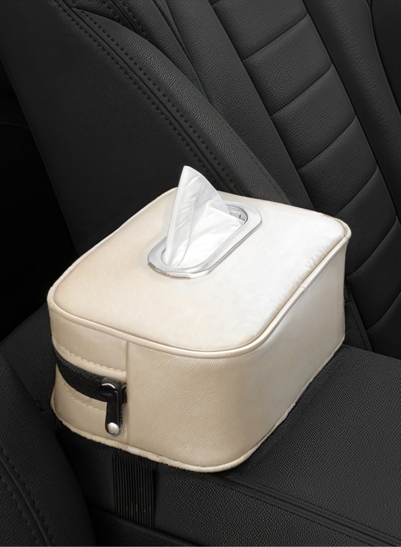 Generic Luxury Beige Leather Car Tissue Box - Clip-On Minimalist Design, Scratch-Resistant & Premium Stitching  - Image 1