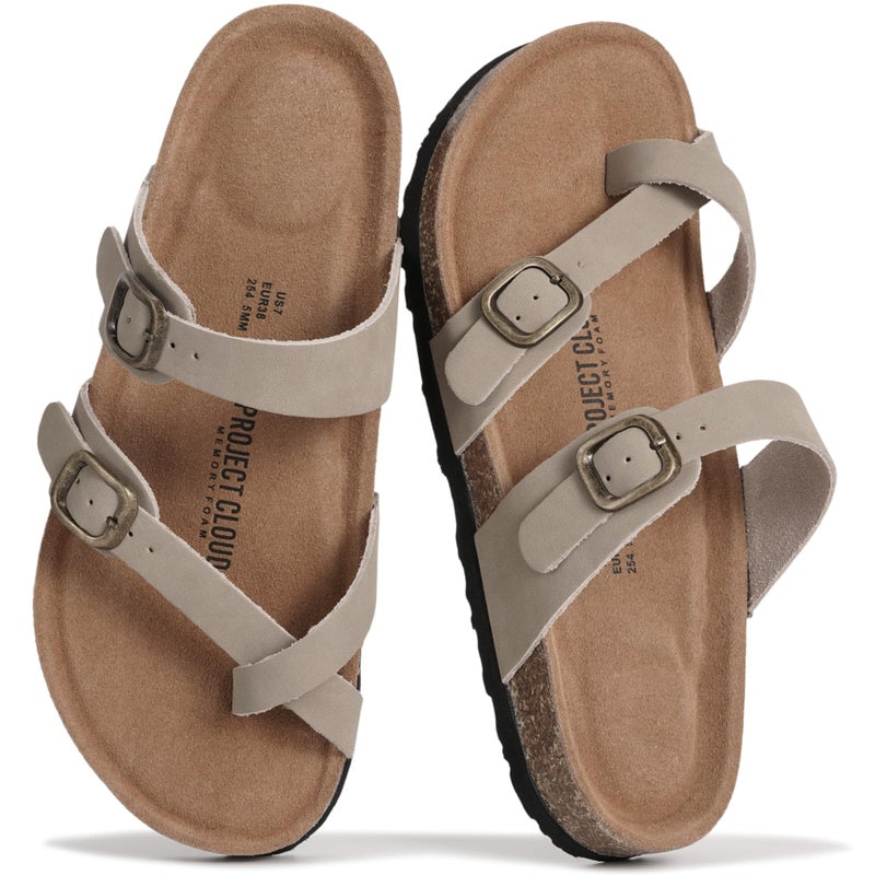Project Cloud 100% Genuine Leather Womens Sandals -Lightweight Womens Slides Memory Foam Insole & Cork Footbed Sandals Women - Non-Slip Beach Essentials Summer Sandals for Women 2026 (Lian,BEIG,9) - Image 1