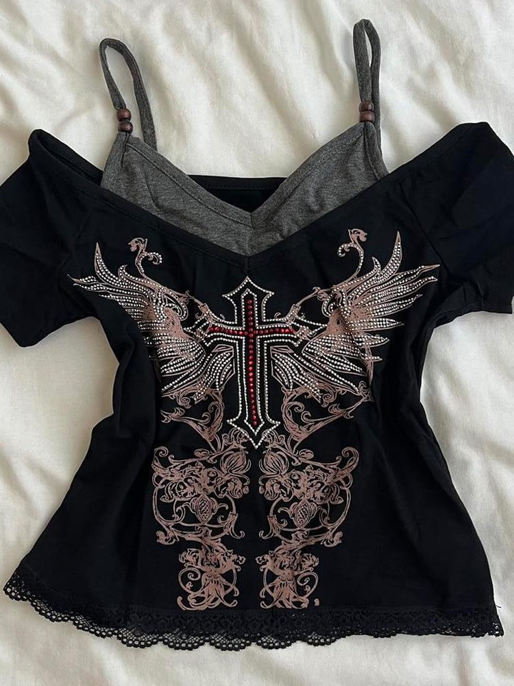MANGMAO Emo Grunge Shirts Women 2000s Graphic Baby Tees Fake Two Piece Short Sleeve Vintage Y2k Crop Top Goth Alt Clothes (Black Red,L,Large) - Image 2