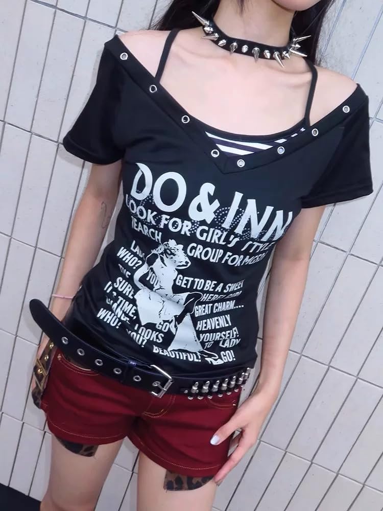 MANGMAO Emo Grunge Shirts Women 2000s Graphic Baby Tees Fake Two Piece Short Sleeve Vintage Y2k Crop Top Goth Alt Clothes (Black Red,L,Large) - Image 5