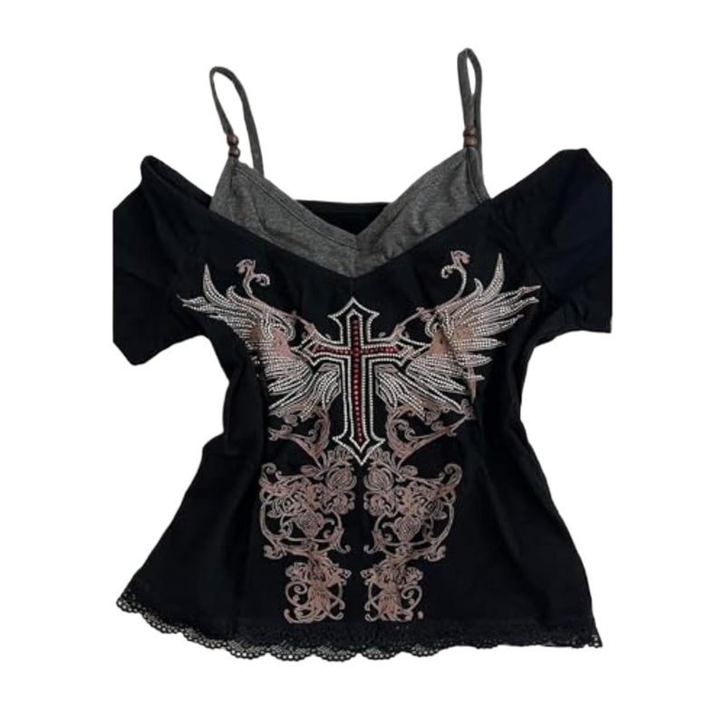 MANGMAO Emo Grunge Shirts Women 2000s Graphic Baby Tees Fake Two Piece Short Sleeve Vintage Y2k Crop Top Goth Alt Clothes (Black Red,L,Large) - Image 1