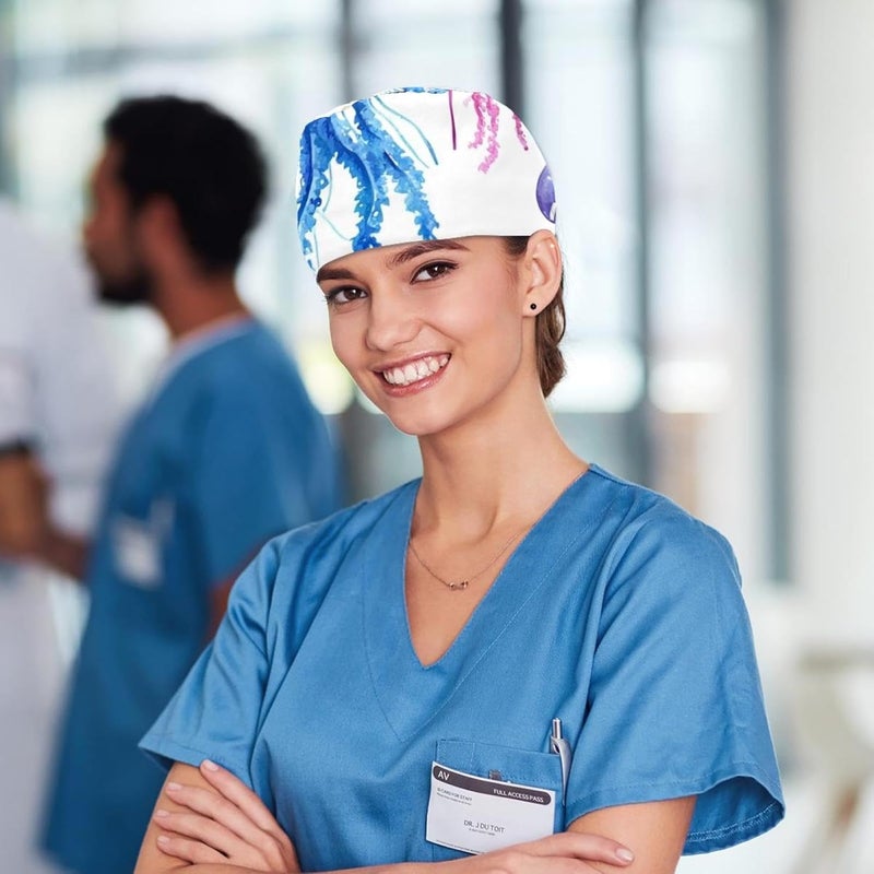 Adjustable 4 Packs Marlin Scrub Cap, Working Hat Hair Cover with Ponytail Pouch - Image 5