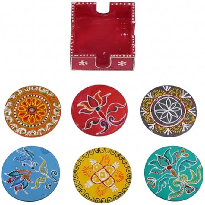 RIGID Handcrafted Tea Coaster Set Of 6  Vibrant Pink Wooden Holder With Colorful Floral Design Stylish  Durable Drink Coasters For Tea Coffee And Home Decor 12 X 12 X 5 - Image 2