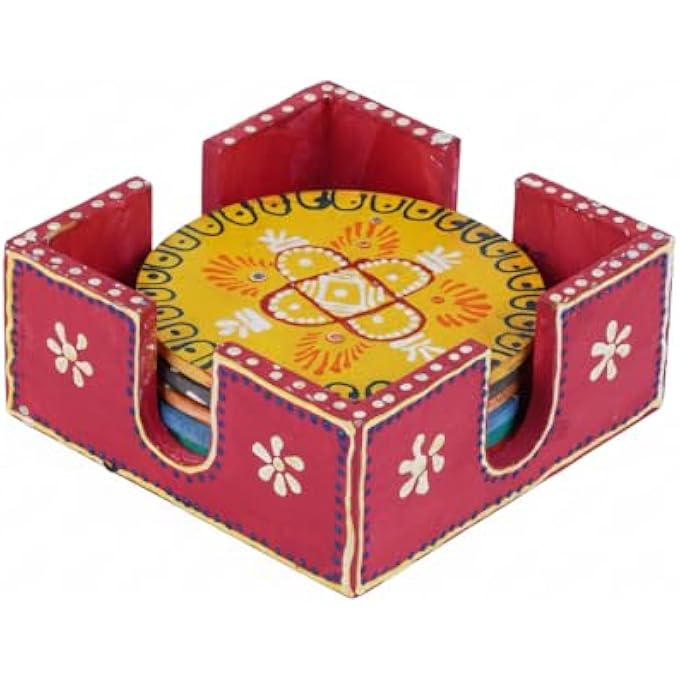 RIGID Handcrafted Tea Coaster Set Of 6  Vibrant Pink Wooden Holder With Colorful Floral Design Stylish  Durable Drink Coasters For Tea Coffee And Home Decor 12 X 12 X 5 - Image 1