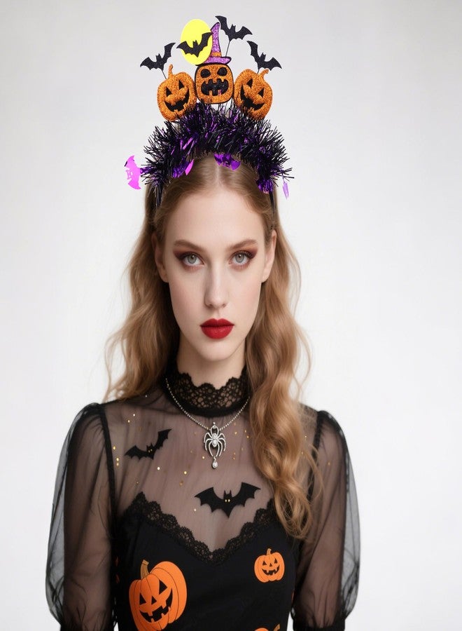 CURASA Halloween Headband For Women Girls Purple Tinsel Decorative Headbands Orange Pumpkin Cute Ghost Hair Hoop Spooky Gothic Hairbands Elastic Headwear Dress Up Hair Accessories Costume Party Gifts - Image 3