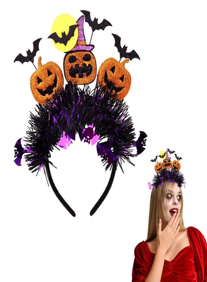CURASA Halloween Headband For Women Girls Purple Tinsel Decorative Headbands Orange Pumpkin Cute Ghost Hair Hoop Spooky Gothic Hairbands Elastic Headwear Dress Up Hair Accessories Costume Party Gifts - Image 1