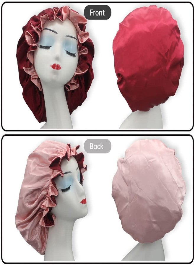 Hanbertti 2pcs of Satin Sleep Bonnet with Adjustable Buckle,Smooth Satin Sleep Cap,Silk Bonnet, Reusable Bath Hair Cap When Make up and Do Housework (Golden Black+ Burgundy peach - Image 2