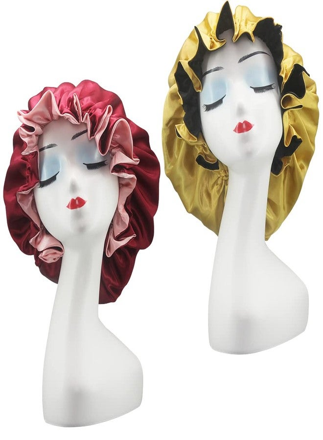Hanbertti 2pcs of Satin Sleep Bonnet with Adjustable Buckle,Smooth Satin Sleep Cap,Silk Bonnet, Reusable Bath Hair Cap When Make up and Do Housework (Golden Black+ Burgundy peach - Image 1