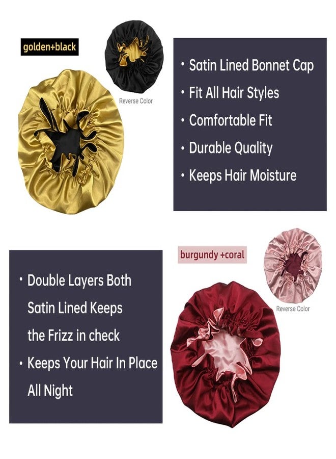 Hanbertti 2pcs of Satin Sleep Bonnet with Adjustable Buckle,Smooth Satin Sleep Cap,Silk Bonnet, Reusable Bath Hair Cap When Make up and Do Housework (Golden Black+ Burgundy peach - Image 4