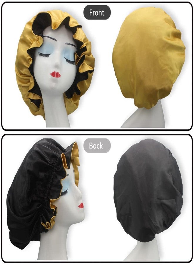 Hanbertti 2pcs of Satin Sleep Bonnet with Adjustable Buckle,Smooth Satin Sleep Cap,Silk Bonnet, Reusable Bath Hair Cap When Make up and Do Housework (Golden Black+ Burgundy peach - Image 3