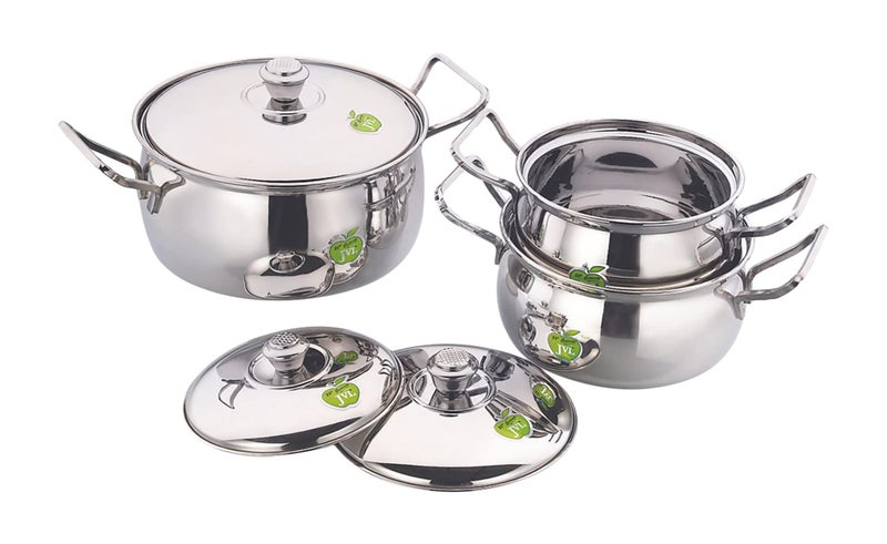 JVL Stainless Steel Cooking Pot/Handi with Lid & Handle Set 850, 1300, 2200 ml, 3-Piece, Plain Handi Set for Cooking, Handi Set for Kitchen, Handi for Cooking and Serving, JVL-BP-P1 - Image 1