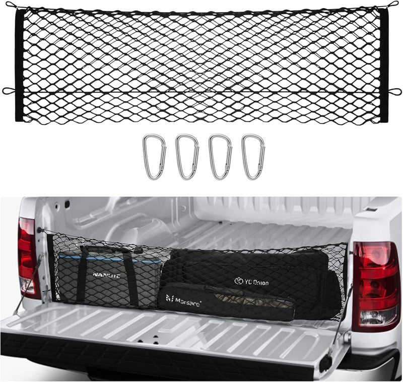 Pickup Truck Cargo Net, Envelope Style Trunk Organizers and Storage Net with 4 Metal Hooks, Fit for Silverado 2013-2022, GMC Sierra 2013-2022 and Ford F150 2015-2022