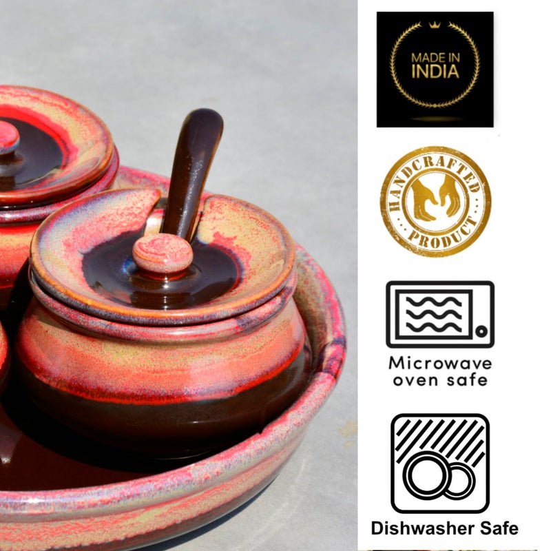 StyleMyWay Studio Pottery Ceramic Pickle Serving Handi Set with Spoon and Tray (Set of 3, Red Studio) | Condiment Set | Pickle and Chutney Jar Set for Dining Table - Image 5