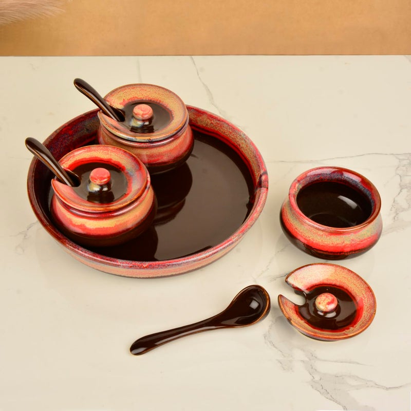 StyleMyWay Studio Pottery Ceramic Pickle Serving Handi Set with Spoon and Tray (Set of 3, Red Studio) | Condiment Set | Pickle and Chutney Jar Set for Dining Table - Image 1
