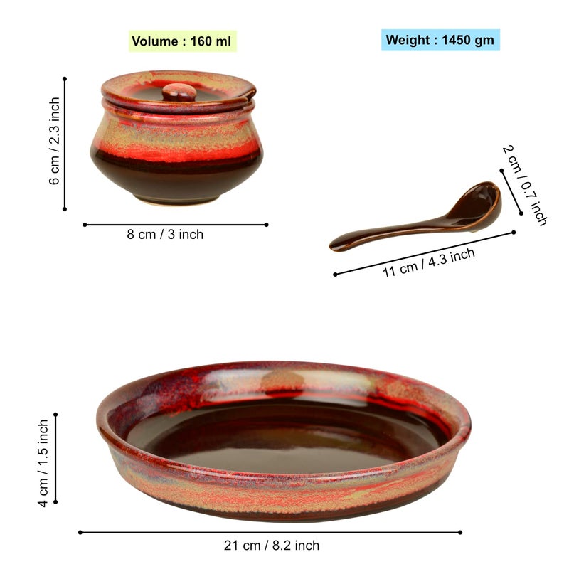 StyleMyWay Studio Pottery Ceramic Pickle Serving Handi Set with Spoon and Tray (Set of 3, Red Studio) | Condiment Set | Pickle and Chutney Jar Set for Dining Table - Image 4