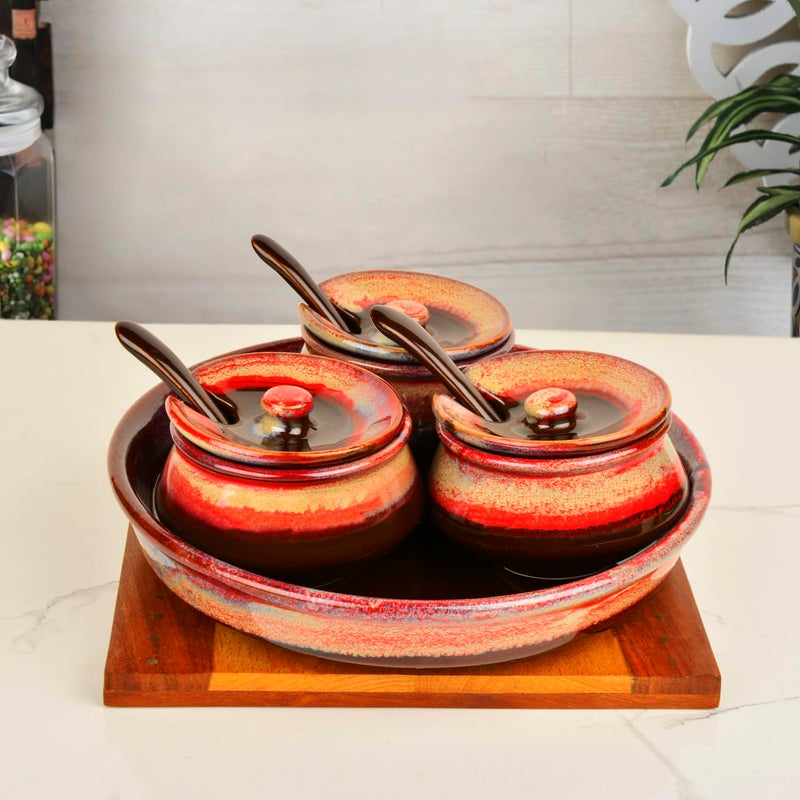 StyleMyWay Studio Pottery Ceramic Pickle Serving Handi Set with Spoon and Tray (Set of 3, Red Studio) | Condiment Set | Pickle and Chutney Jar Set for Dining Table - Image 2